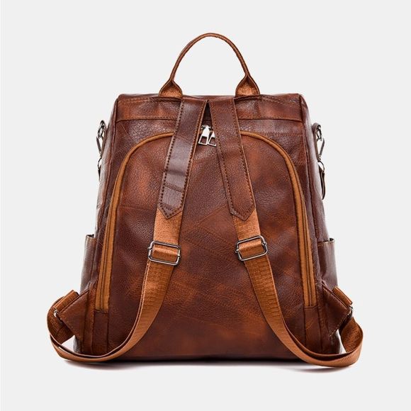 Caramel Brown PU Vegan Leather Backpack Purse Bag Multi Pocket main image 4
